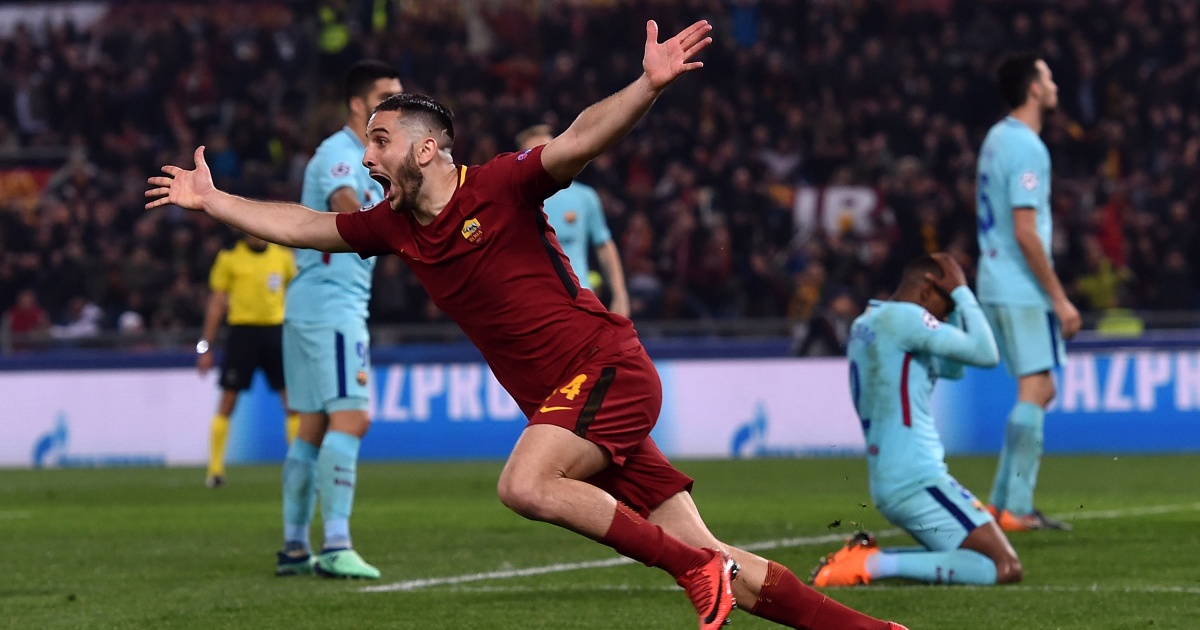 Kostas Manolas esulta dopo il gol del 3-0 in Roma-Barcellona del 10 aprile 2018