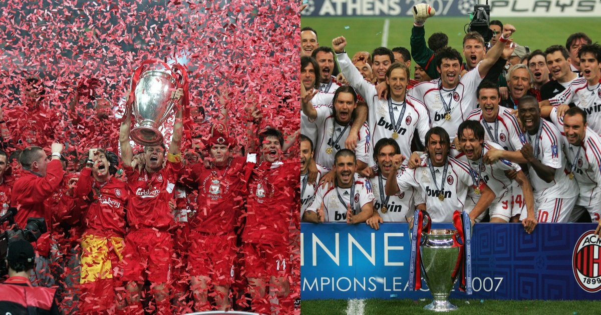 I calciatori di Liverpool e Milan festeggiano i trionfi in Champions League rispettivamente del 2005 e del 2007