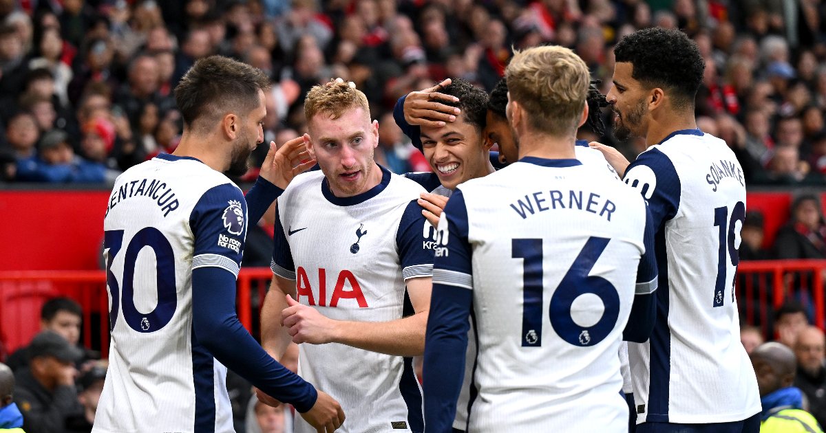 Dejan Kulusevski (Tottenham) esulta dopo il gol al Manchester United (Getty Images)